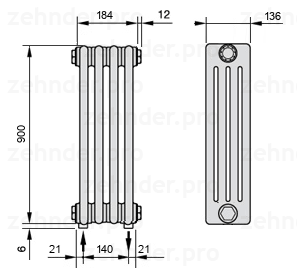 Схема (чертеж) Радиатор Zehnder Charleston 4090/4 №3570 Белый глянцевый RAL 9016
